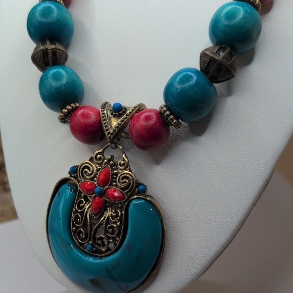 Blue and Red Necklace with Beads and Circular Pendant - Picture 2 of 5